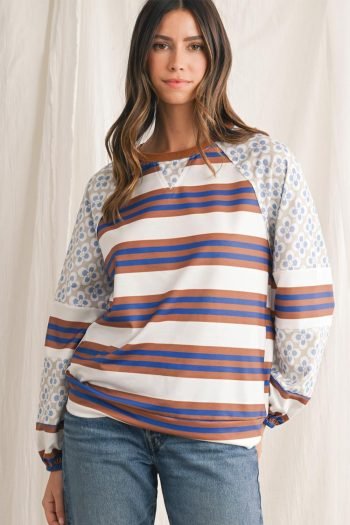 Long Sleeve Tops | Women White Striped Floral Patchwork Lantern Sleeve Top