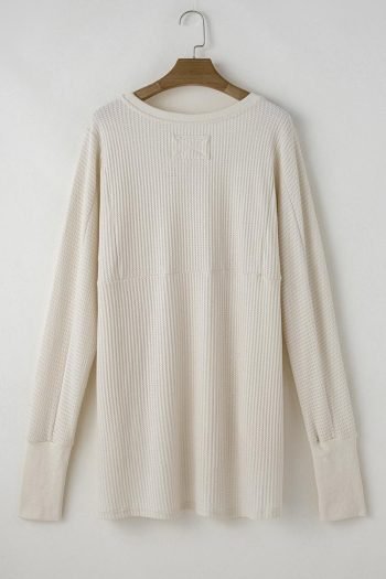Long Sleeve Tops | Women White Waffle Knit Exposed Seam Round Neck Oversized Top