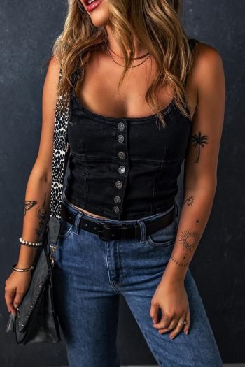 Sleeveless Tops | Women Black Acid Wash Buttoned Cropped Denim Cami Top