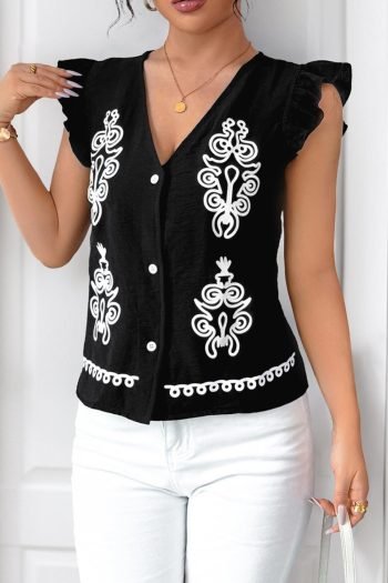 Sleeveless Tops | Women Black Ethnic Print Button Ruffle Shirt