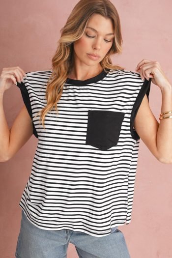 Sleeveless Tops | Women Black Stripe Chest Pocket Patch Round Neck Sleeveless Tee