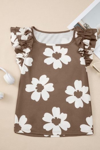 Sleeveless Tops | Women Brown Floral Ruffle Shoulder Square Neck Blouse