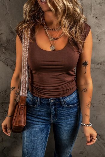 Sleeveless Tops | Women Coffee Solid Color U Neck Slim Fit Tank Top