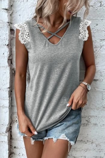Sleeveless Tops | Women Gray Criss Cross V Neck Lace Applique Sleeveless Top