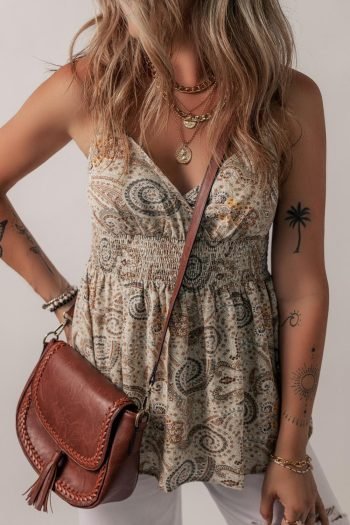 Sleeveless Tops | Women Khaki Paisley Print Spaghetti Strap V Neck Smocked Cami Top