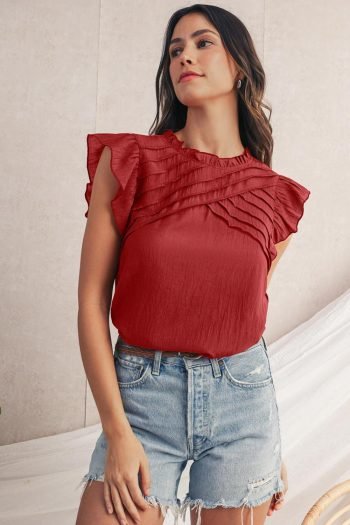 Sleeveless Tops | Women Red Dahlia Frill Neck Solid Color Pleated Blouse