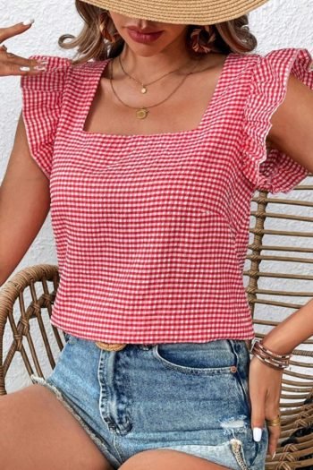 Sleeveless Tops | Women Red Gingham Square Neck Flutter Sleeveless Blouse