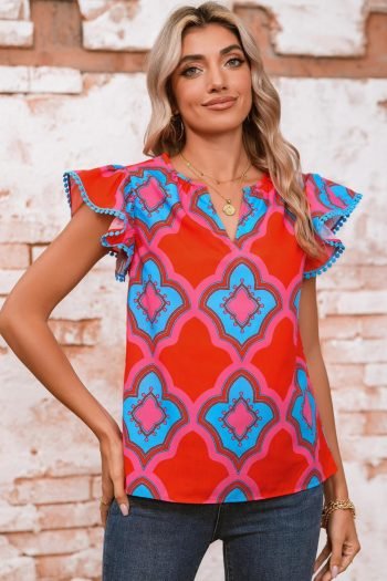 Sleeveless Tops | Women Red Random Abstract Print V Neck Ruffle Shoulder Blouse