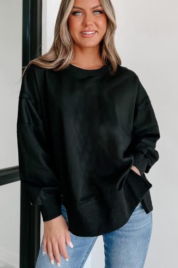 Sweatshirts & Hoodies | Women Black Exposed Seam Drop Shoulder Side Slit Sweatshirt