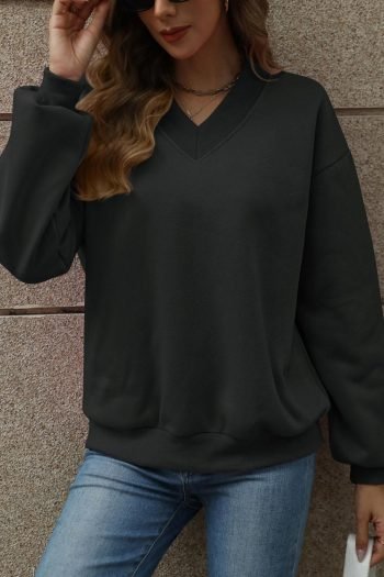 Sweatshirts & Hoodies | Women Black Solid Colour V-Neck Loose Fit Sweatshirt