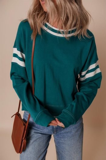 Sweatshirts & Hoodies | Women Blackish Green Contrast Striped Patchwork Drop Shoulder Sweatshirt