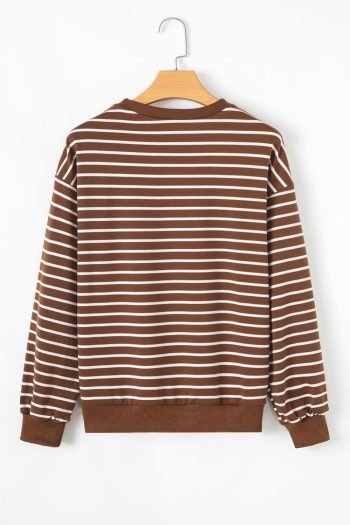 Sweatshirts & Hoodies | Women Coffee Striped Long Sleeve Round Neck Loose Fit Sweatshirt