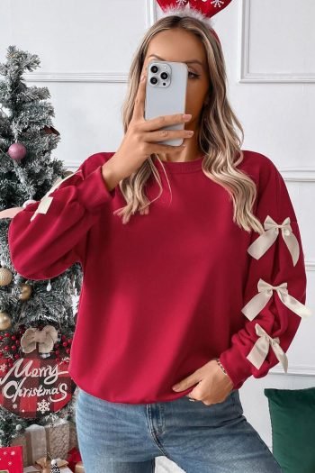 Sweatshirts & Hoodies | Women Fiery Red Sweet Bowknot Round Neck Sweatshirt