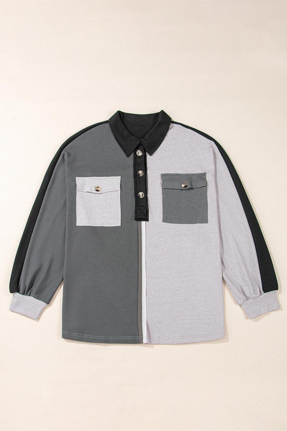 Sweatshirts & Hoodies | Women Gray Colorblock Patchwork Ribbed Oversized Henley Sweatshirt