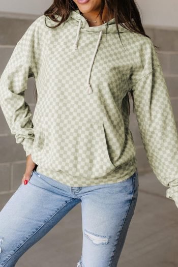 Sweatshirts & Hoodies | Women Green Checkered Kangaroo Pocket Hoodie
