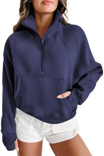 Sweatshirts & Hoodies | Women Navy Blue Zip Up Stand Collar Ribbed Thumbhole Sleeve Sweatshirt