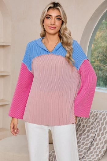 Sweatshirts & Hoodies | Women Pink Color Block Patchwork Corded Ribbed Loose Fit Hoodie