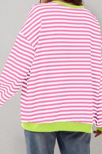 Sweatshirts & Hoodies | Women Rose Red Striped Contrast Trim Drop Shoulder Sweatshirt