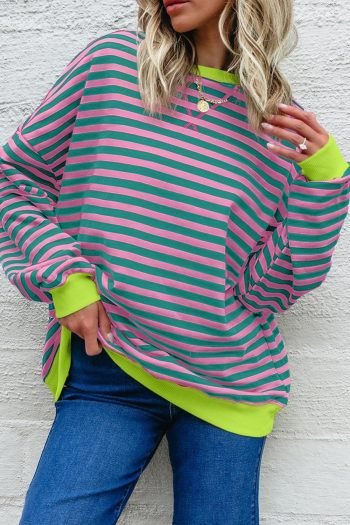 Sweatshirts & Hoodies | Women Rose Striped Contrast Trim Drop Shoulder Sweatshirt