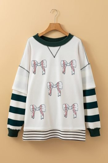 Sweatshirts & Hoodies | Women White Stripe Bowknot Pattern Contrast Trim Game Day Sweatshirt
