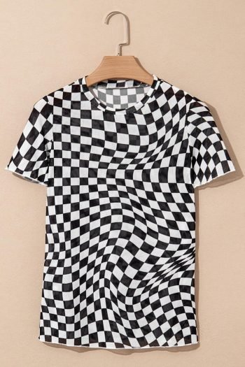 T Shirts | Women Black Checker Mesh Crew Neck T Shirt