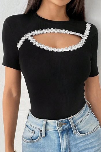 T Shirts | Women Black Contrast Lace Trim Cut Out Slim Fit Ribbed Top