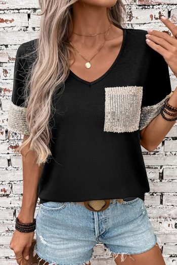 T Shirts | Women Black Sequin Pocket Patchwork Sleeve V Neck T Shirt