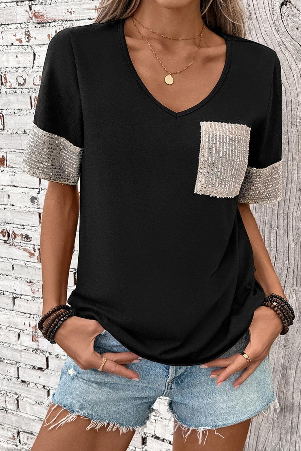 T Shirts | Women Black Sequin Pocket Patchwork Sleeve V Neck T Shirt