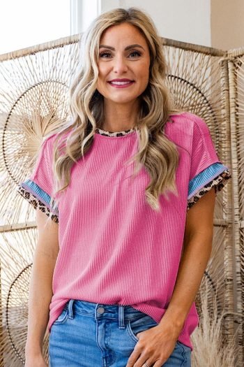 T Shirts | Women Bonbon Leopard Patchwork Corded Crew Neck T Shirt