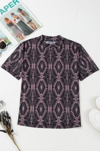 T Shirts | Women Brown Geometric Print Mock Neck Short Sleeve Mesh T Shirt
