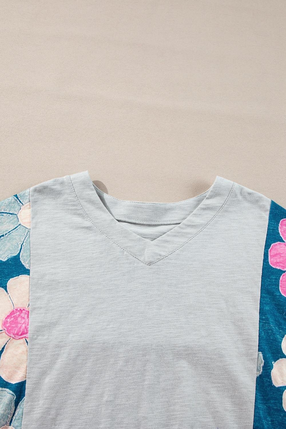 T Shirts | Women Green Patchwork 60S Floral V Neck Bracelet Sleeve Oversized Top