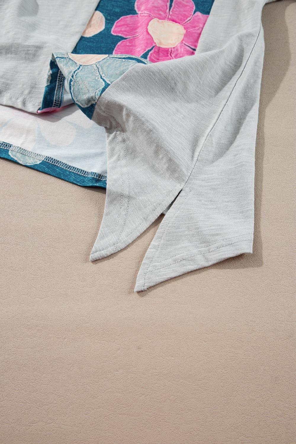 T Shirts | Women Green Patchwork 60S Floral V Neck Bracelet Sleeve Oversized Top