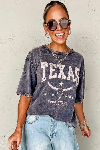 T Shirts | Women Medium Grey Texas Steer Head Graphic Mineral Wash Oversized T Shirt