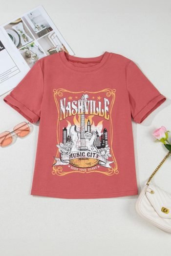 T Shirts | Women Mineral Red Nashville Music City Graphic Retro Fashion Tee