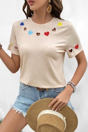 T Shirts | Women Parchment Heart Cutout Round Neck T Shirt