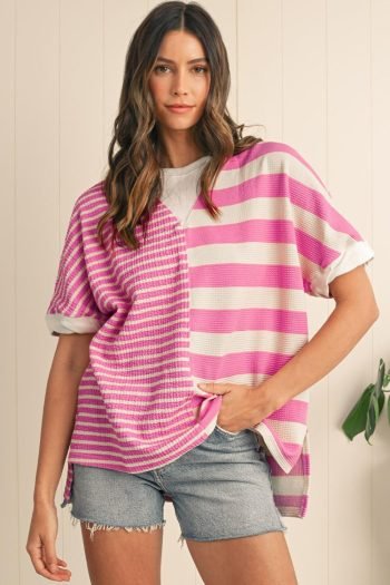 T Shirts | Women Pink Stripe Waffle Patchwork Short Sleeve High Low Loose T Shirt
