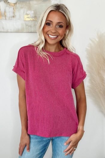 T Shirts | Women Rose Red Crinkle Rib Textured Knit Round Neck T Shirt
