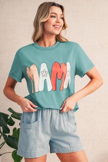 T Shirts | Women Sea Green Floral Mama Print Crewneck T Shirt
