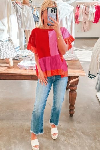 T Shirts | Women Tomato Red Mix Knitted Patchwork Ruffle Trim Loose T Shirt