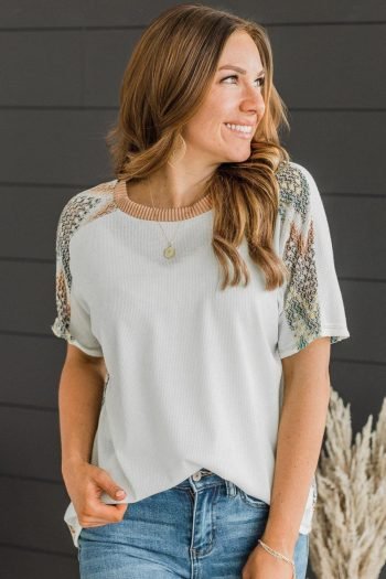 T Shirts | Women White Chevron Patchwork Raglan Sleeve Corded T Shirt
