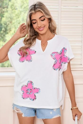 T Shirts | Women White Cute Floral Patch V-Neck Short Sleeve T-Shirt