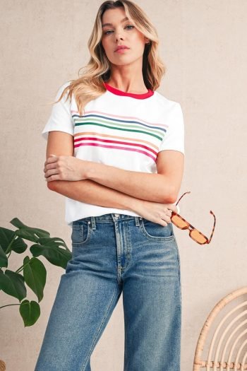 T Shirts | Women White Rainbow Stripe Print Crewneck T Shirt