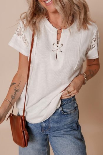 T Shirts | Women White Ribbed Texture Lace Patchwork Short Sleeve Top