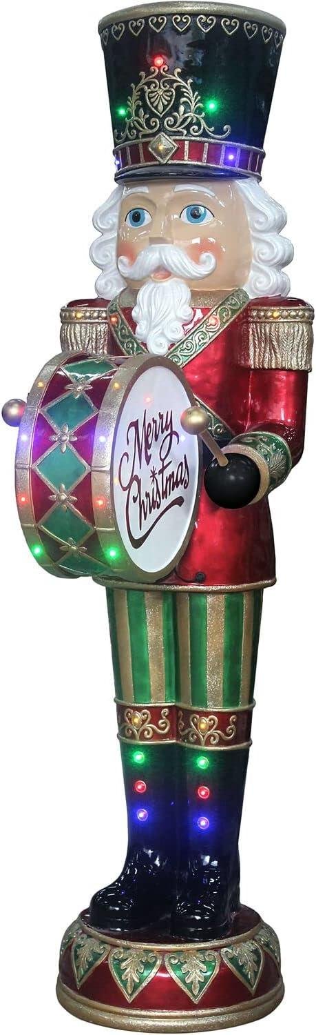 Fraser Hill Farm FFRS072-NC5-RD Indoor/Outdoor 6-Ft. Nutcracker Playing Bass Drum with Moving Hands, Music, Timer, and 32 LED Lights Holiday Decoration, Color 4