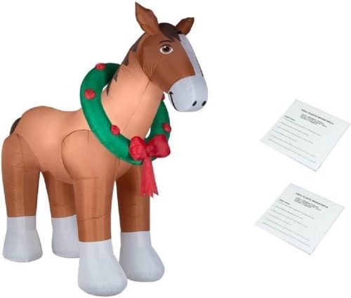 Giant Clydesdale Horse with Wreath Collar Inflatable, Lights Up, 9 Feet Wide, Comes with Two Additional Repair Patch Kits, Brown