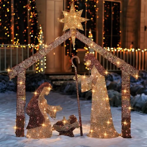 Hourleey Christmas Nativity Scene Decorations, 6 FT Lighted Outdoor Nativity Scene, Christmas Holy Family Yard Decoration, 250 L Waterproof for Indoor or Outdoor Garden Yard Lawn Holiday Party Decor