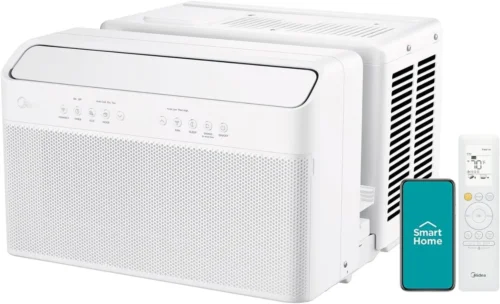 12,000 BTU U-Shaped Smart Inverter Window Air Conditioner–Cools up to 550 Sq. Ft., Ultra Quiet with Open Window Flexibility, Compatible with Alexa/Google Assistant, 35% Energy Savings (Renewed)